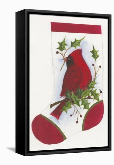 Cardinal with Holly Stocking-Beverly Johnston-Framed Premier Image Canvas