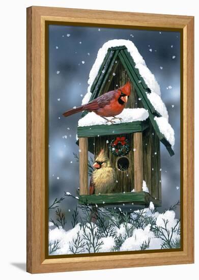 Cardinals and Birdhouse in Snow-William Vanderdasson-Framed Premier Image Canvas