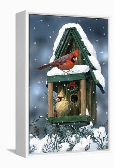 Cardinals and Birdhouse in Snow-William Vanderdasson-Framed Premier Image Canvas