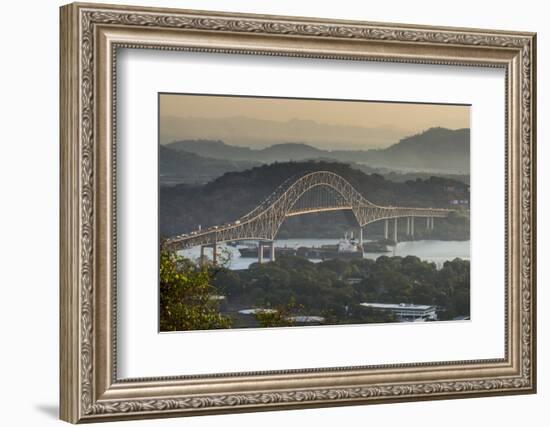 Cargo boat passes the Bridge of the Americas on the Panama Canal, Panama City, Panama, Central Amer-Michael Runkel-Framed Photographic Print