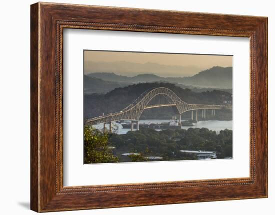 Cargo boat passes the Bridge of the Americas on the Panama Canal, Panama City, Panama, Central Amer-Michael Runkel-Framed Photographic Print