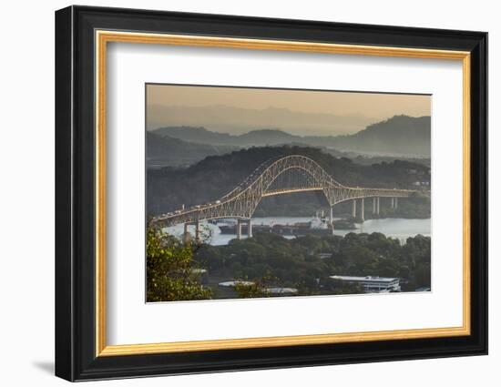 Cargo boat passes the Bridge of the Americas on the Panama Canal, Panama City, Panama, Central Amer-Michael Runkel-Framed Photographic Print