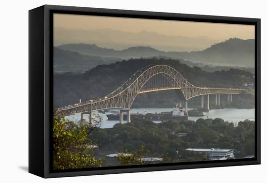 Cargo boat passes the Bridge of the Americas on the Panama Canal, Panama City, Panama, Central Amer-Michael Runkel-Framed Premier Image Canvas