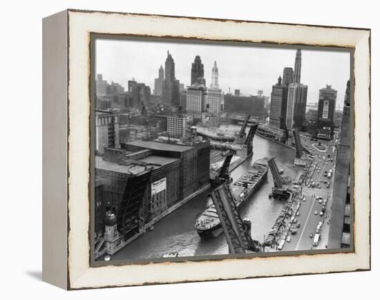 Cargo Ship on Chicago River-null-Framed Premier Image Canvas