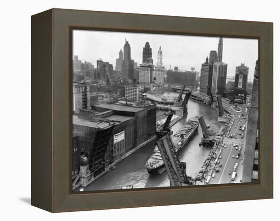 Cargo Ship on Chicago River-null-Framed Premier Image Canvas