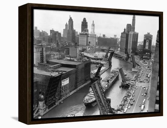 Cargo Ship on Chicago River-null-Framed Premier Image Canvas