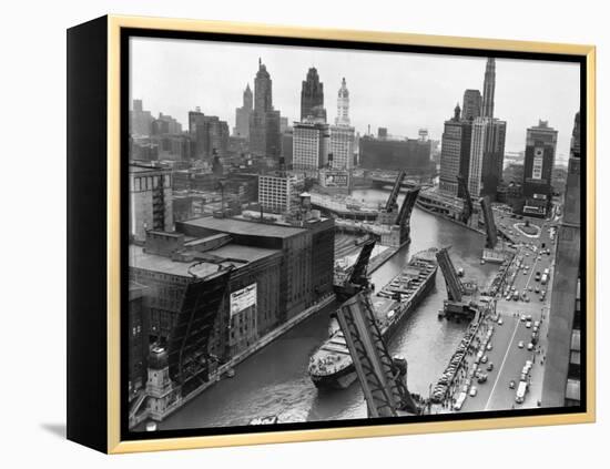 Cargo Ship on Chicago River-null-Framed Premier Image Canvas