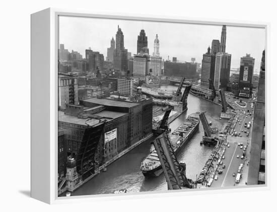 Cargo Ship on Chicago River-null-Framed Premier Image Canvas