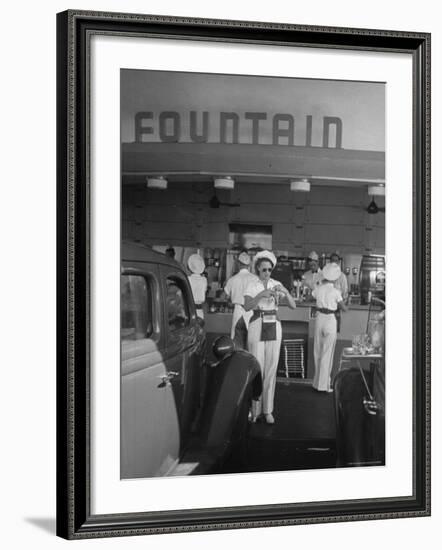 Carhops Busy with Orders at a Drive in Soda Fountain-Peter Stackpole-Framed Photographic Print