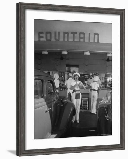 Carhops Busy with Orders at a Drive in Soda Fountain-Peter Stackpole-Framed Photographic Print