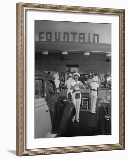 Carhops Busy with Orders at a Drive in Soda Fountain-Peter Stackpole-Framed Photographic Print