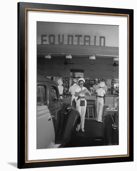 Carhops Busy with Orders at a Drive in Soda Fountain-Peter Stackpole-Framed Photographic Print