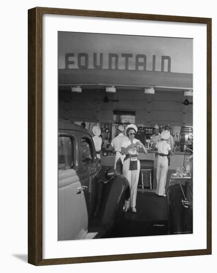 Carhops Busy with Orders at a Drive in Soda Fountain-Peter Stackpole-Framed Photographic Print