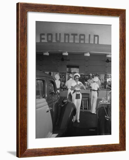 Carhops Busy with Orders at a Drive in Soda Fountain-Peter Stackpole-Framed Photographic Print