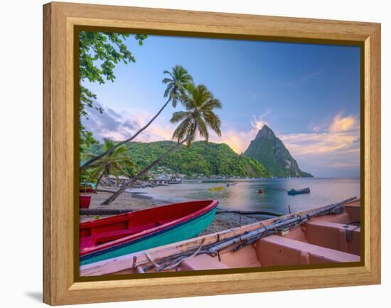 Caribbean, St Lucia, Soufriere Bay, Soufriere Beach and Petit Piton, Traditional Fishing Boats-Alan Copson-Framed Premier Image Canvas