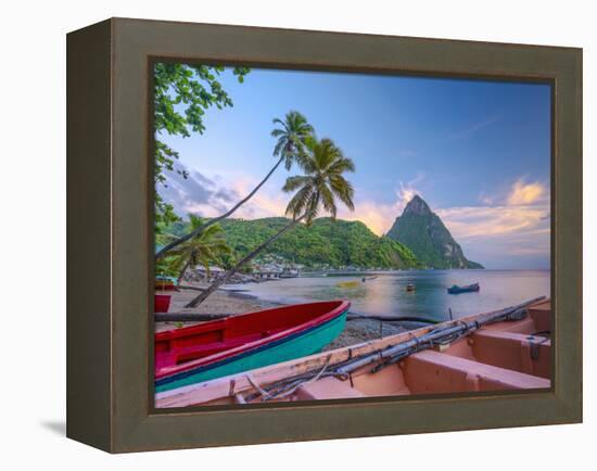 Caribbean, St Lucia, Soufriere Bay, Soufriere Beach and Petit Piton, Traditional Fishing Boats-Alan Copson-Framed Premier Image Canvas