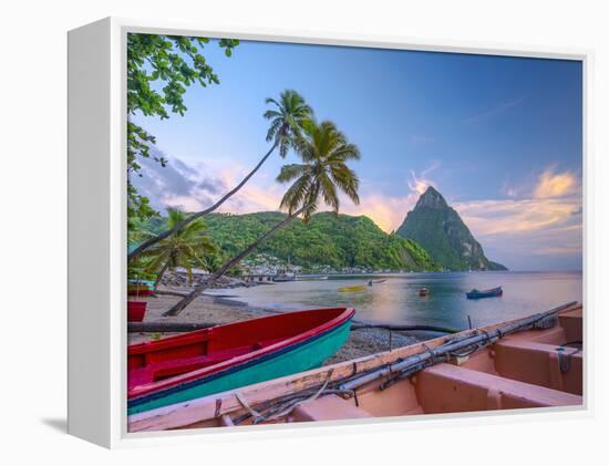 Caribbean, St Lucia, Soufriere Bay, Soufriere Beach and Petit Piton, Traditional Fishing Boats-Alan Copson-Framed Premier Image Canvas