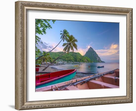 Caribbean, St Lucia, Soufriere Bay, Soufriere Beach and Petit Piton, Traditional Fishing Boats-Alan Copson-Framed Photographic Print