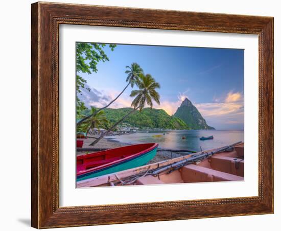 Caribbean, St Lucia, Soufriere Bay, Soufriere Beach and Petit Piton, Traditional Fishing Boats-Alan Copson-Framed Photographic Print