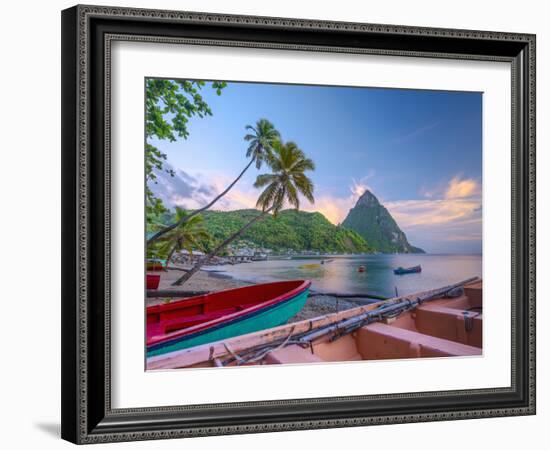 Caribbean, St Lucia, Soufriere Bay, Soufriere Beach and Petit Piton, Traditional Fishing Boats-Alan Copson-Framed Photographic Print