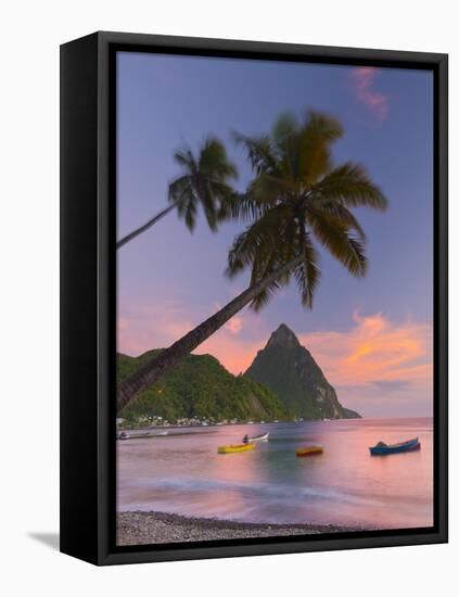 Caribbean, St Lucia, Soufriere Bay, Soufriere Beach and Petit Piton, Traditional Fishing Boats-Alan Copson-Framed Premier Image Canvas