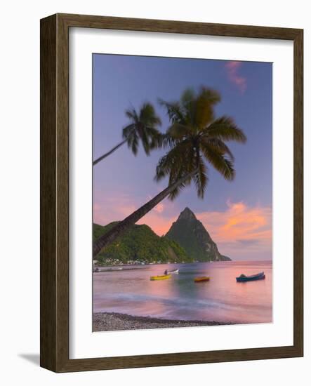 Caribbean, St Lucia, Soufriere Bay, Soufriere Beach and Petit Piton, Traditional Fishing Boats-Alan Copson-Framed Photographic Print