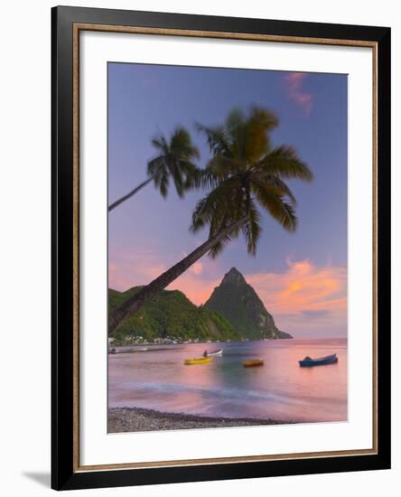 Caribbean, St Lucia, Soufriere Bay, Soufriere Beach and Petit Piton, Traditional Fishing Boats-Alan Copson-Framed Photographic Print