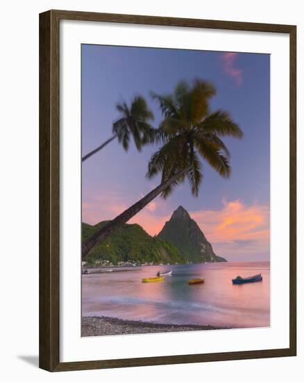 Caribbean, St Lucia, Soufriere Bay, Soufriere Beach and Petit Piton, Traditional Fishing Boats-Alan Copson-Framed Photographic Print