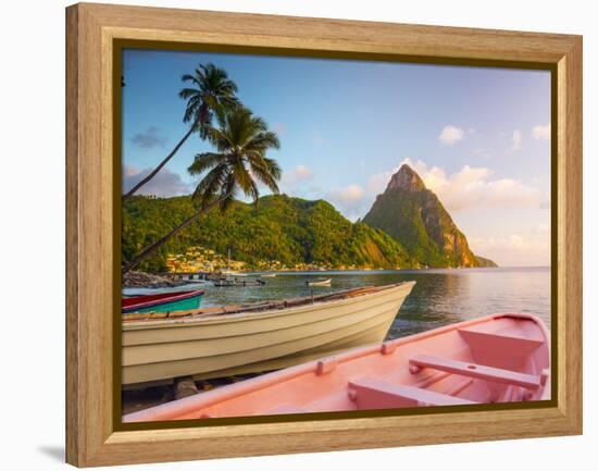 Caribbean, St Lucia, Soufriere Bay, Soufriere Beach and Petit Piton, Traditional Fishing Boats-Alan Copson-Framed Premier Image Canvas