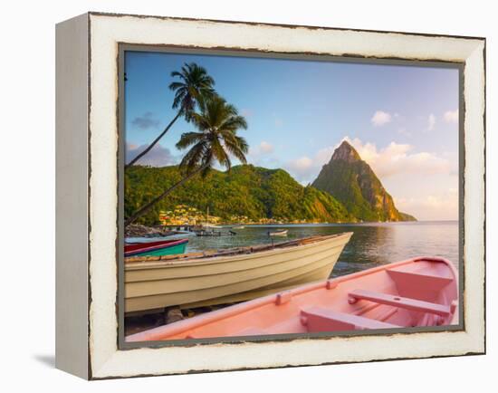Caribbean, St Lucia, Soufriere Bay, Soufriere Beach and Petit Piton, Traditional Fishing Boats-Alan Copson-Framed Premier Image Canvas