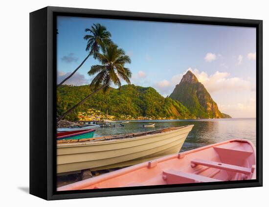 Caribbean, St Lucia, Soufriere Bay, Soufriere Beach and Petit Piton, Traditional Fishing Boats-Alan Copson-Framed Premier Image Canvas