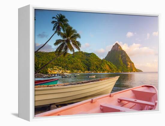 Caribbean, St Lucia, Soufriere Bay, Soufriere Beach and Petit Piton, Traditional Fishing Boats-Alan Copson-Framed Premier Image Canvas