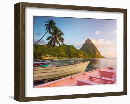 Caribbean, St Lucia, Soufriere Bay, Soufriere Beach and Petit Piton, Traditional Fishing Boats-Alan Copson-Framed Photographic Print