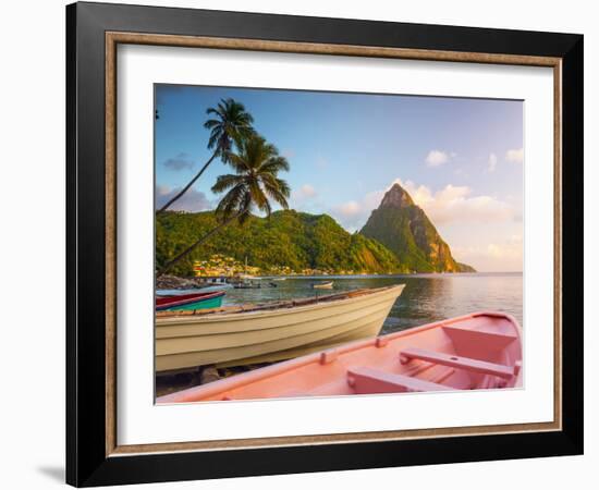 Caribbean, St Lucia, Soufriere Bay, Soufriere Beach and Petit Piton, Traditional Fishing Boats-Alan Copson-Framed Photographic Print