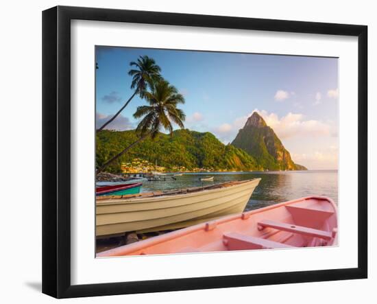 Caribbean, St Lucia, Soufriere Bay, Soufriere Beach and Petit Piton, Traditional Fishing Boats-Alan Copson-Framed Photographic Print