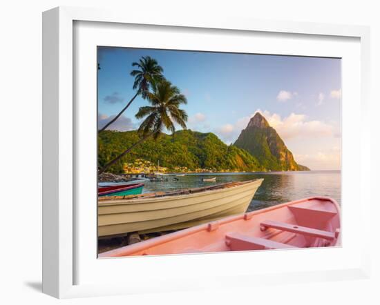 Caribbean, St Lucia, Soufriere Bay, Soufriere Beach and Petit Piton, Traditional Fishing Boats-Alan Copson-Framed Photographic Print