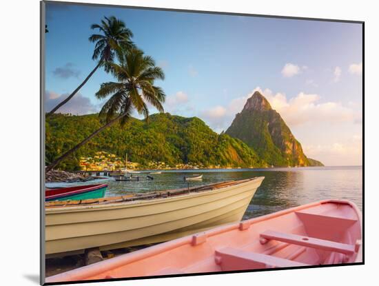 Caribbean, St Lucia, Soufriere Bay, Soufriere Beach and Petit Piton, Traditional Fishing Boats-Alan Copson-Mounted Photographic Print