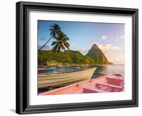 Caribbean, St Lucia, Soufriere Bay, Soufriere Beach and Petit Piton, Traditional Fishing Boats-Alan Copson-Framed Photographic Print