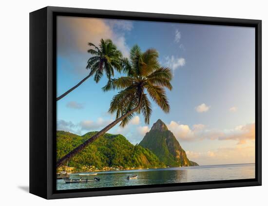 Caribbean, St Lucia, Soufriere Bay, Soufriere Beach and Petit Piton, Traditional Fishing Boats-Alan Copson-Framed Premier Image Canvas