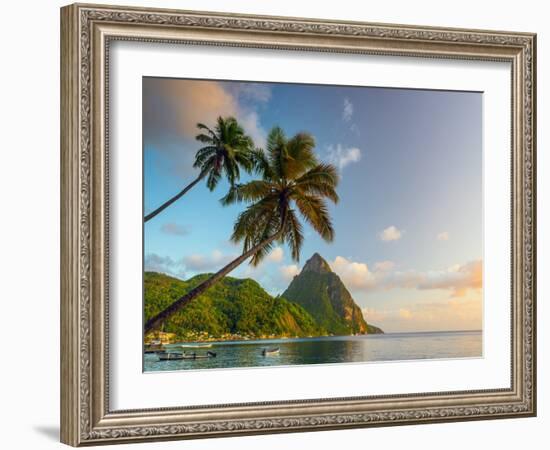 Caribbean, St Lucia, Soufriere Bay, Soufriere Beach and Petit Piton, Traditional Fishing Boats-Alan Copson-Framed Photographic Print