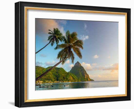 Caribbean, St Lucia, Soufriere Bay, Soufriere Beach and Petit Piton, Traditional Fishing Boats-Alan Copson-Framed Photographic Print