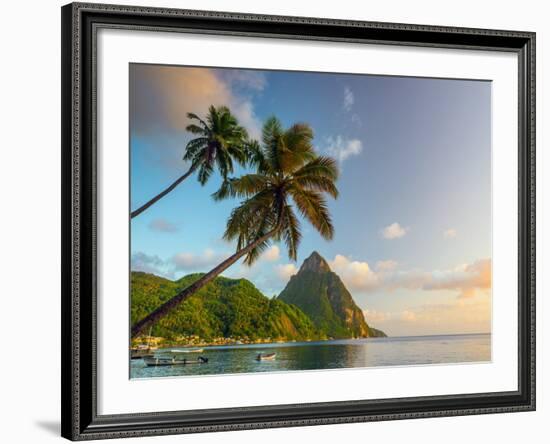 Caribbean, St Lucia, Soufriere Bay, Soufriere Beach and Petit Piton, Traditional Fishing Boats-Alan Copson-Framed Photographic Print