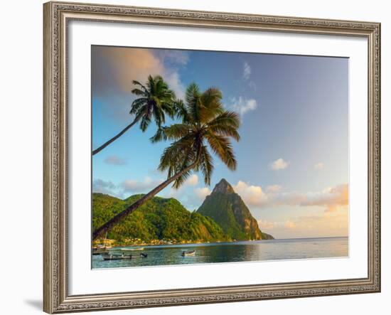 Caribbean, St Lucia, Soufriere Bay, Soufriere Beach and Petit Piton, Traditional Fishing Boats-Alan Copson-Framed Photographic Print