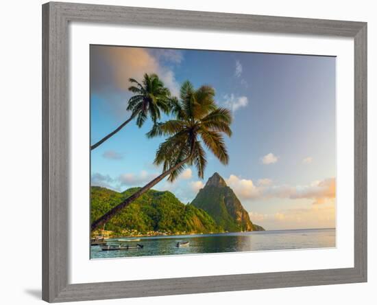 Caribbean, St Lucia, Soufriere Bay, Soufriere Beach and Petit Piton, Traditional Fishing Boats-Alan Copson-Framed Photographic Print