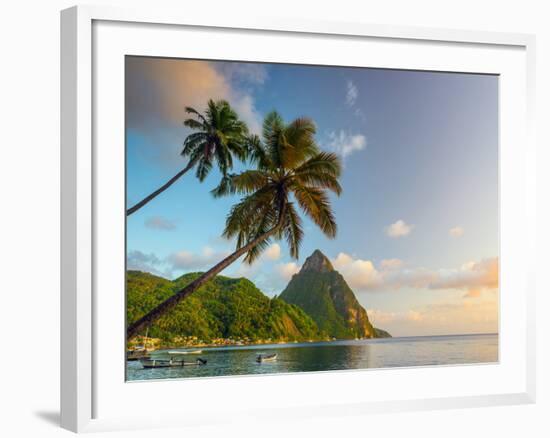 Caribbean, St Lucia, Soufriere Bay, Soufriere Beach and Petit Piton, Traditional Fishing Boats-Alan Copson-Framed Photographic Print