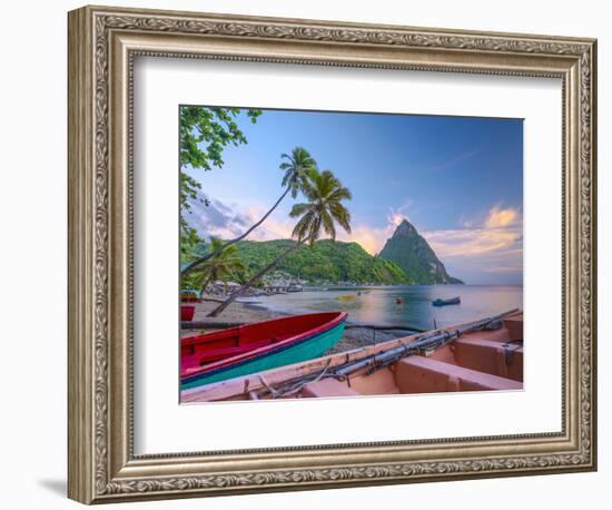 Caribbean, St Lucia, Soufriere Bay, Soufriere Beach and Petit Piton, Traditional Fishing Boats-Alan Copson-Framed Photographic Print