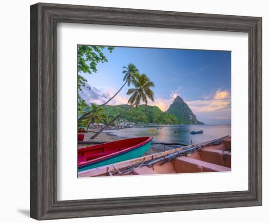 Caribbean, St Lucia, Soufriere Bay, Soufriere Beach and Petit Piton, Traditional Fishing Boats-Alan Copson-Framed Photographic Print