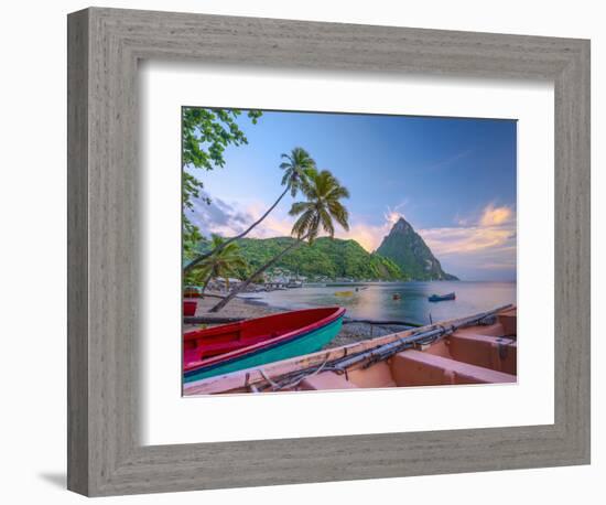 Caribbean, St Lucia, Soufriere Bay, Soufriere Beach and Petit Piton, Traditional Fishing Boats-Alan Copson-Framed Photographic Print