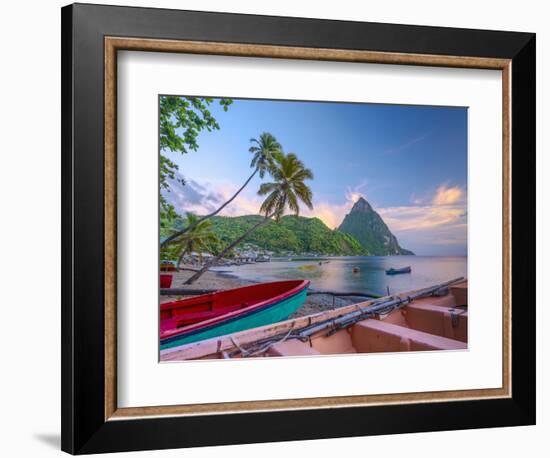 Caribbean, St Lucia, Soufriere Bay, Soufriere Beach and Petit Piton, Traditional Fishing Boats-Alan Copson-Framed Photographic Print