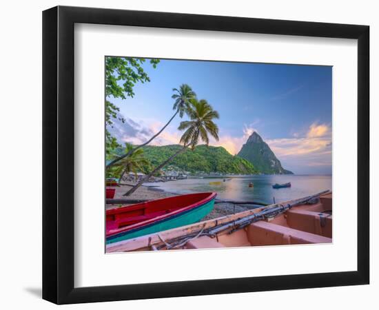 Caribbean, St Lucia, Soufriere Bay, Soufriere Beach and Petit Piton, Traditional Fishing Boats-Alan Copson-Framed Photographic Print